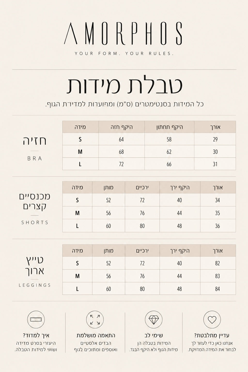 טבלת מידות AMORPHOS לחזייה, מכנסיים קצרים וטייץ ארוך במידות S, M, L, בסנטימטרים ולפי מידות הגוף